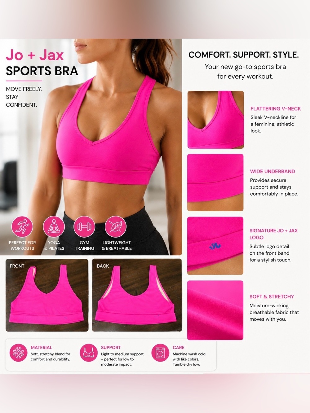 Jo + Jax Women's V-Neck Sports Bra - Hot Pink AXS